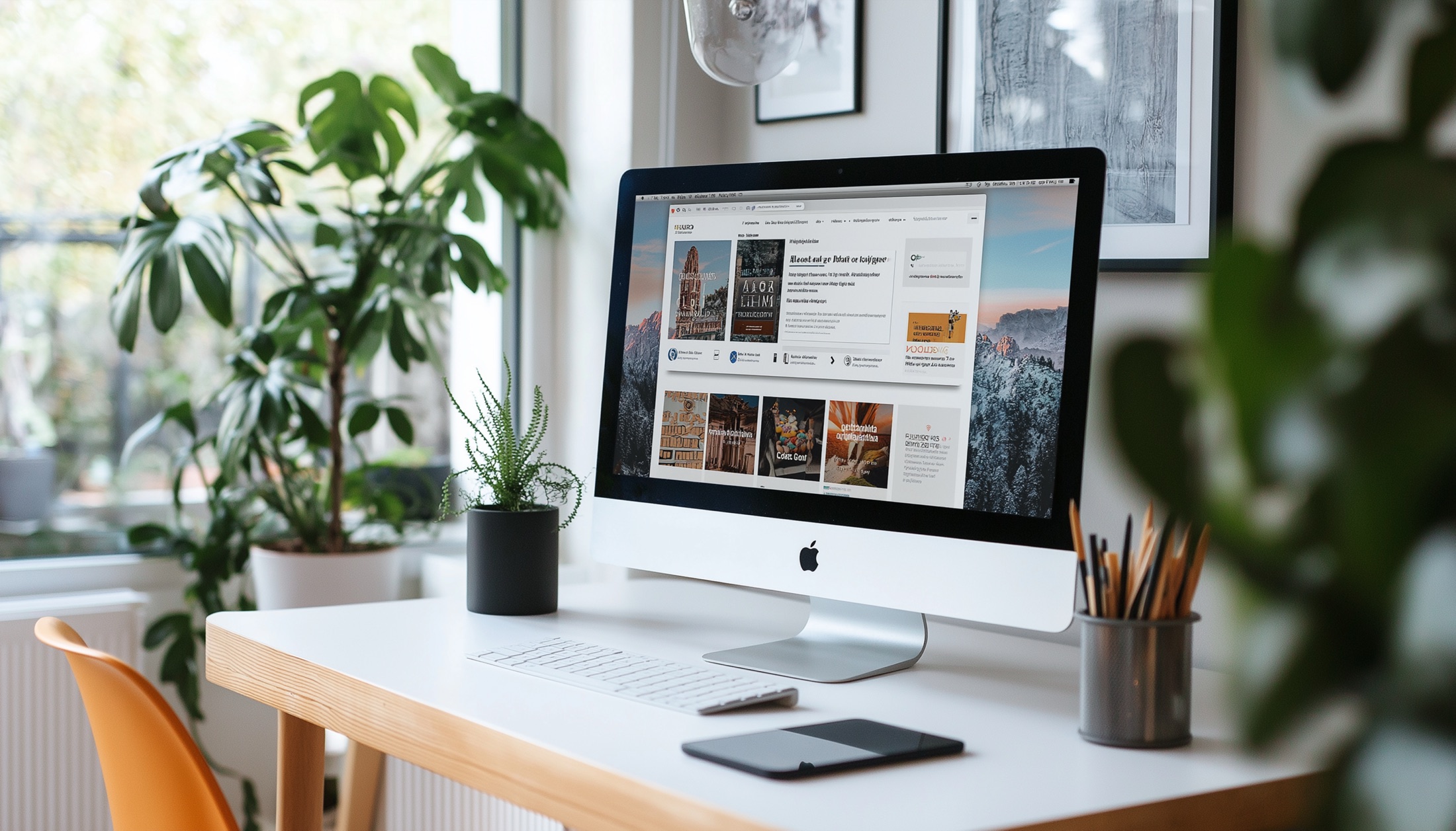 Site vitrine responsive affiché sur un ordinateur dans un espace de travail